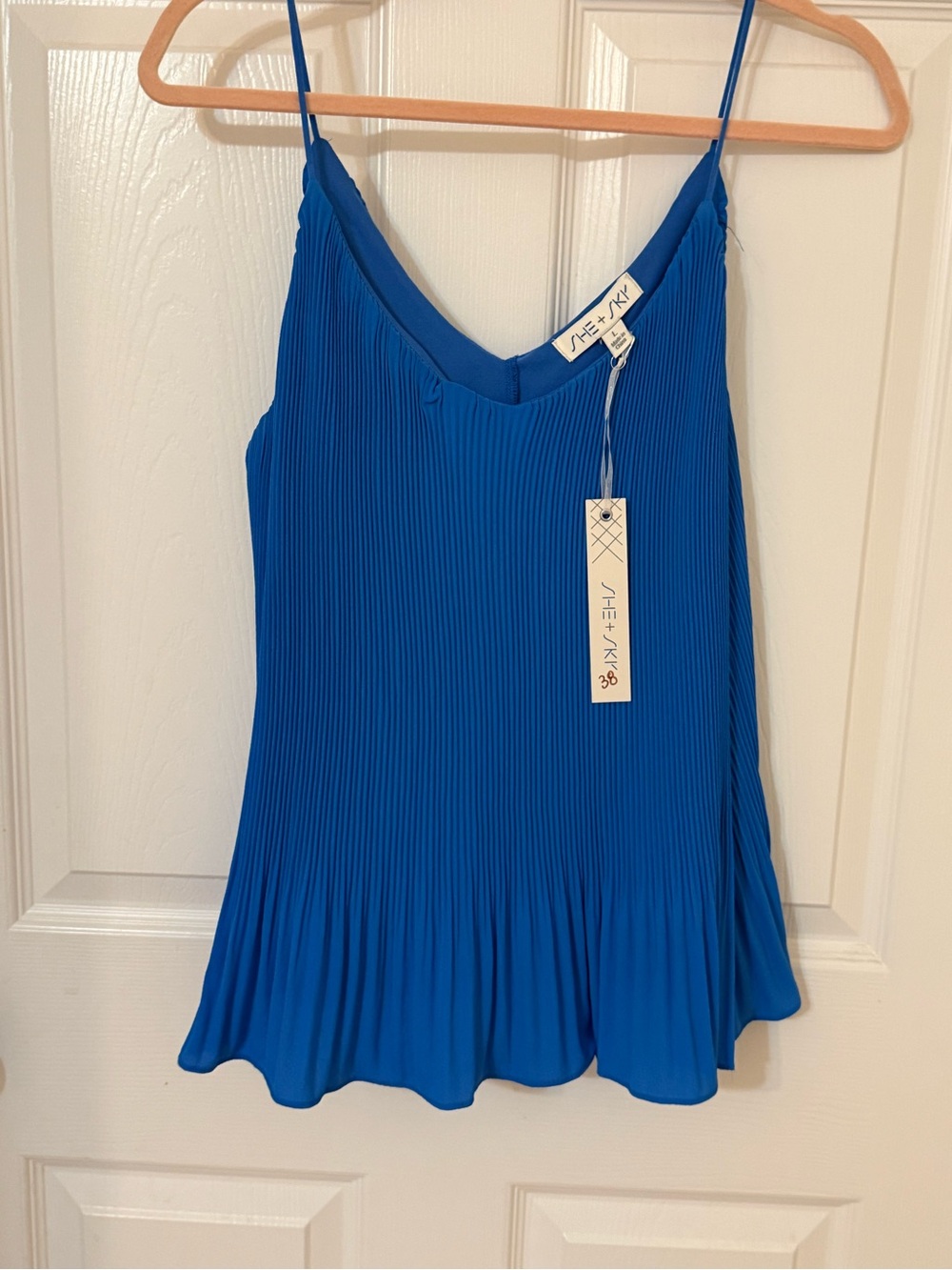 She + Sky Cobalt Pleated V-Neck Spaghetti Strap Tank